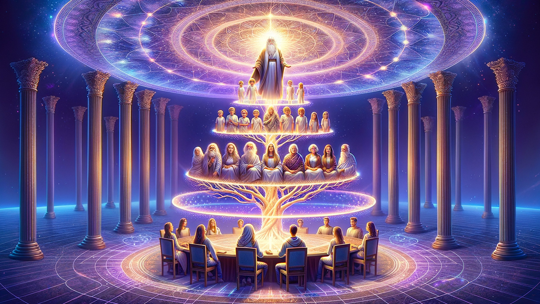 Grand Multi-Tiered Tree with Ethereal Beings and Light