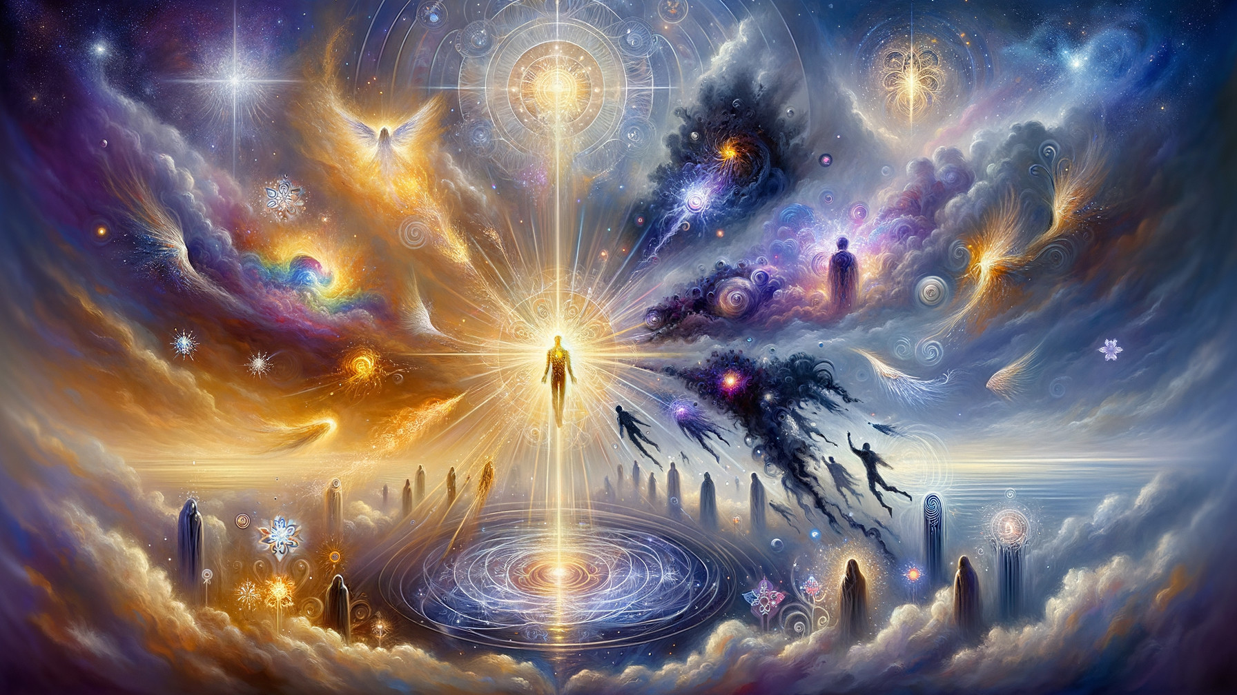 Vibrant Cosmic Scene with Ethereal Beings and Colors