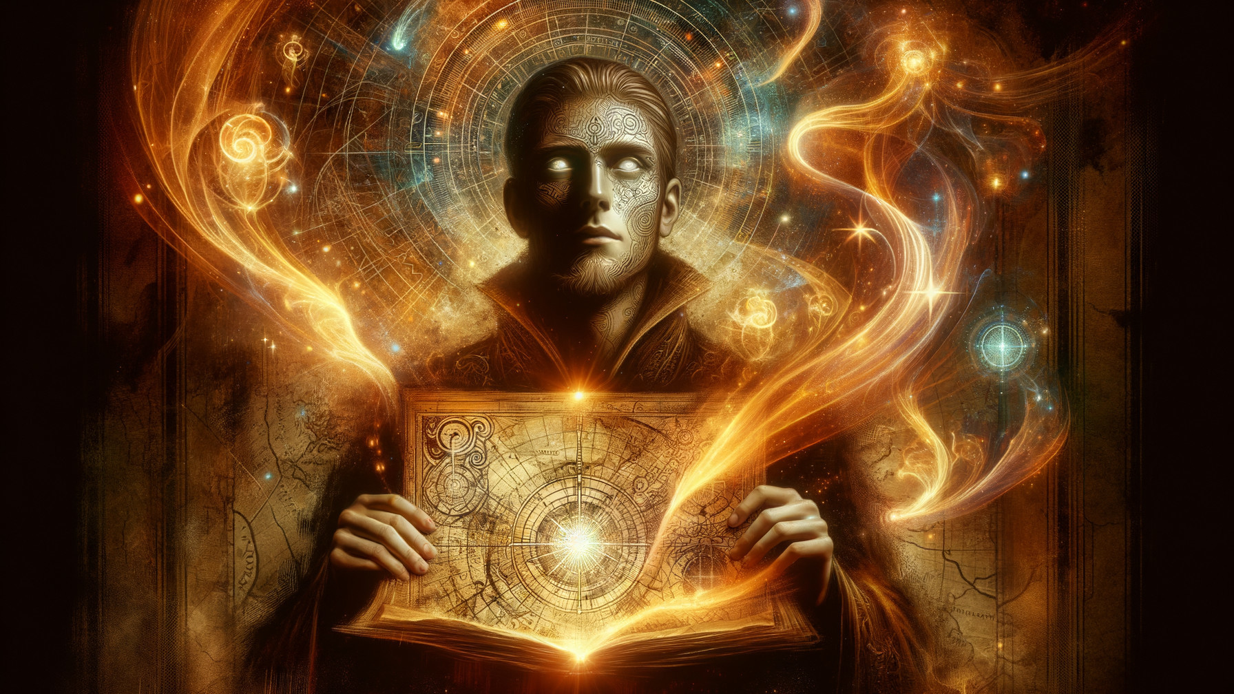 Mystical Figure with Ancient Book and Golden Energies