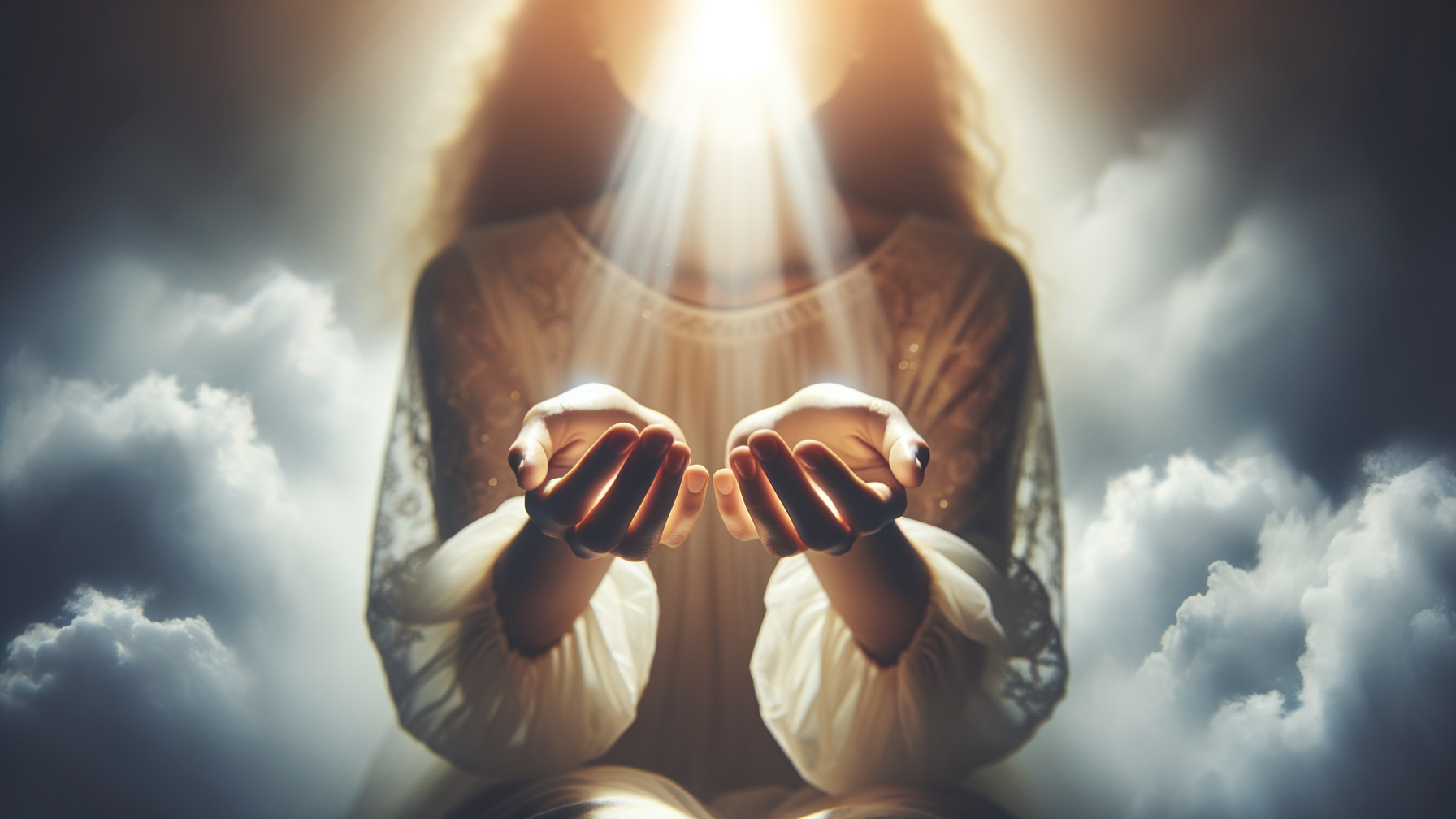 Serene figure illuminated by radiant light and clouds