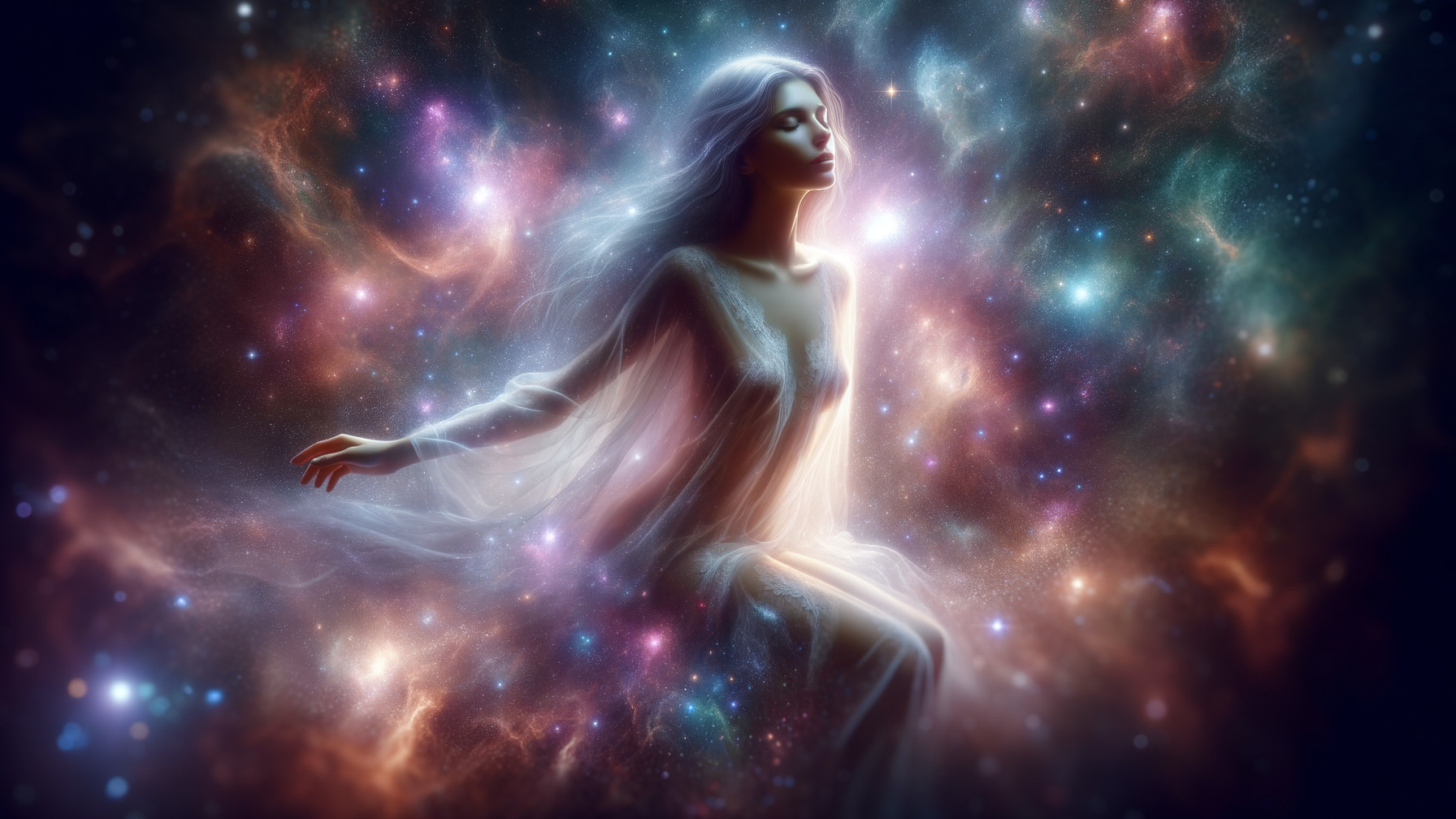Serene Figure in Cosmic Backdrop with Ethereal Garments
