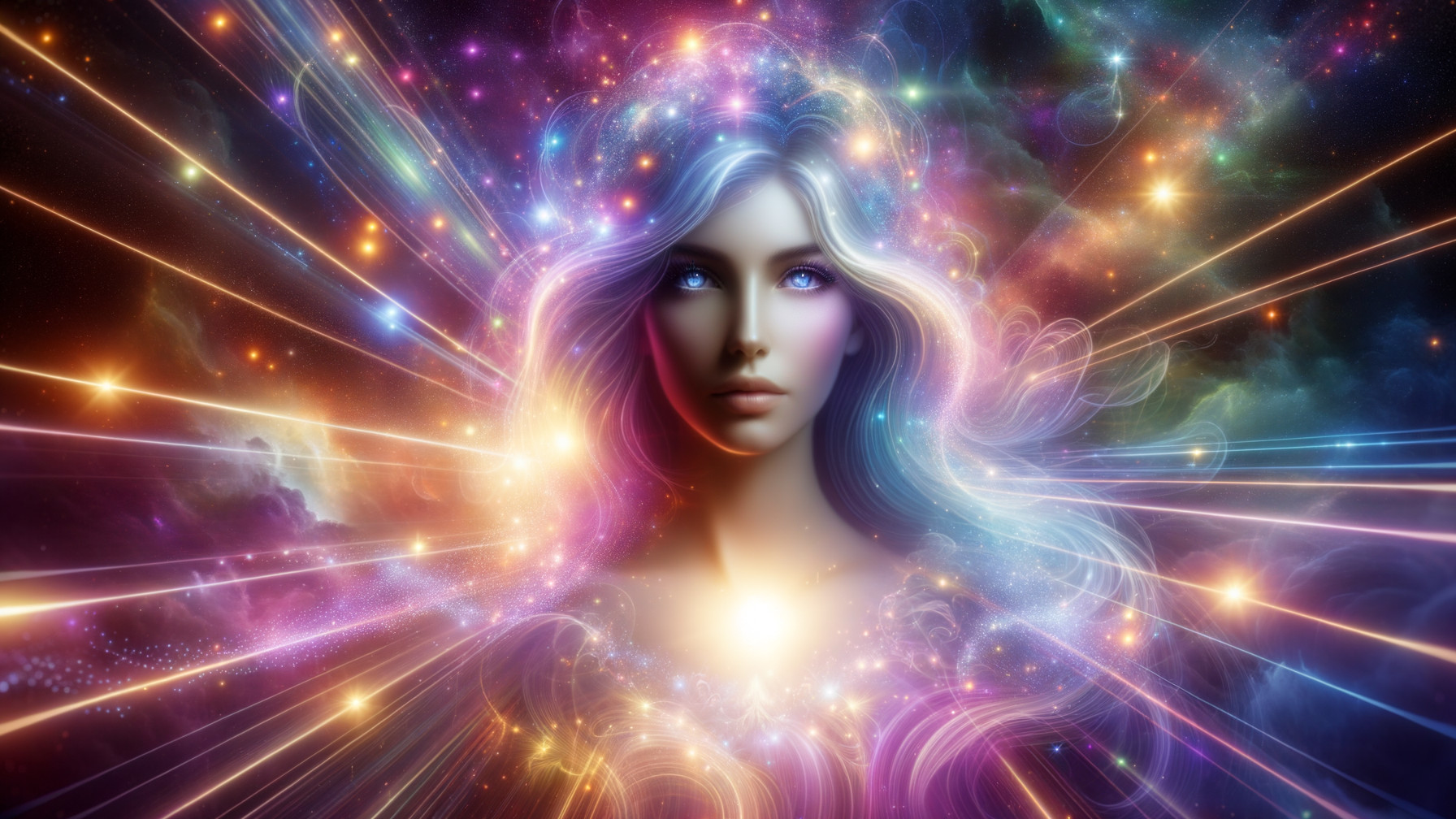 Mystical Figure with Luminescent Hair in Cosmic Scene