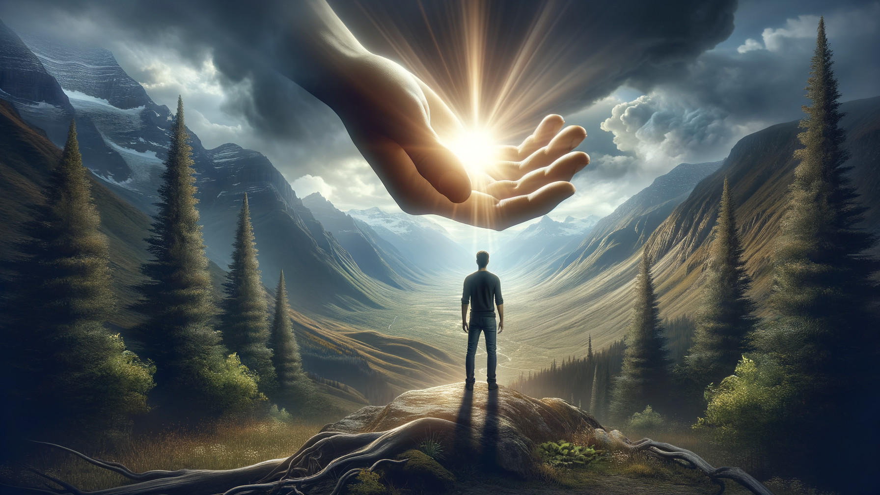 Solitary Figure in Valley with Descending Hand and Light