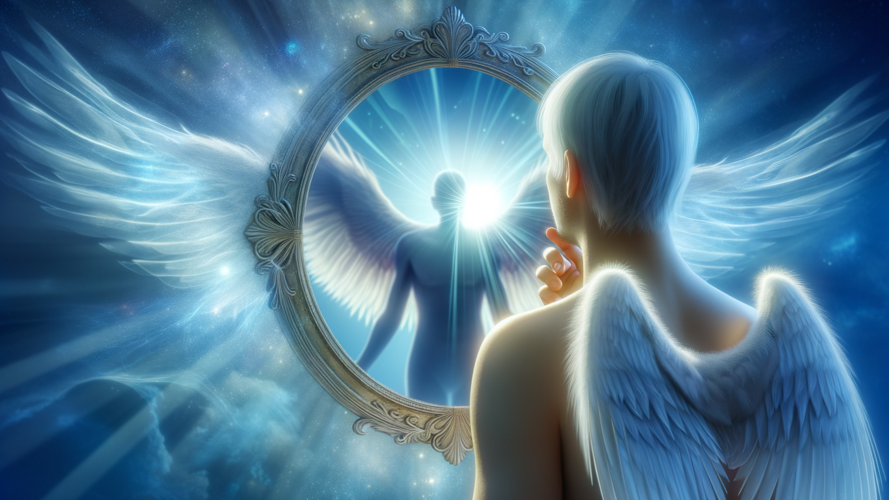 Winged Figure Gazing into Ornate Mirror Reflection