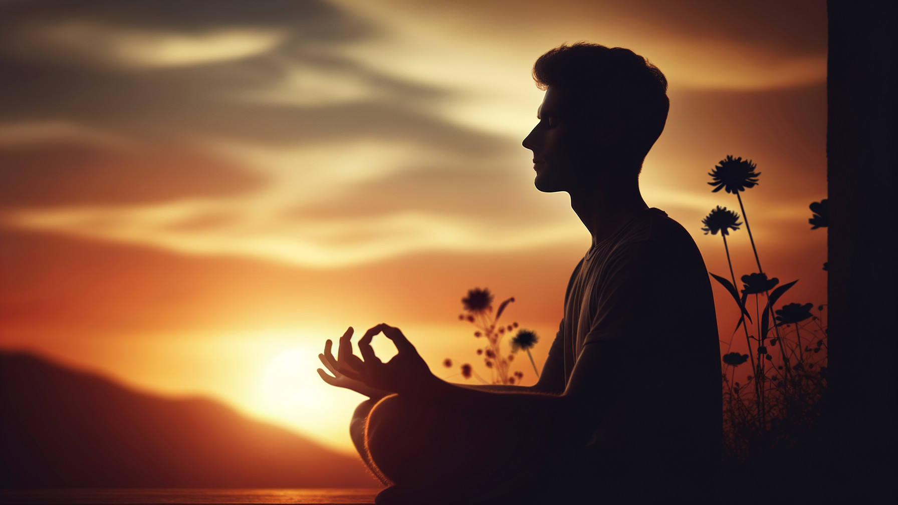 Silhouette of a Young Man Meditating at Sunset