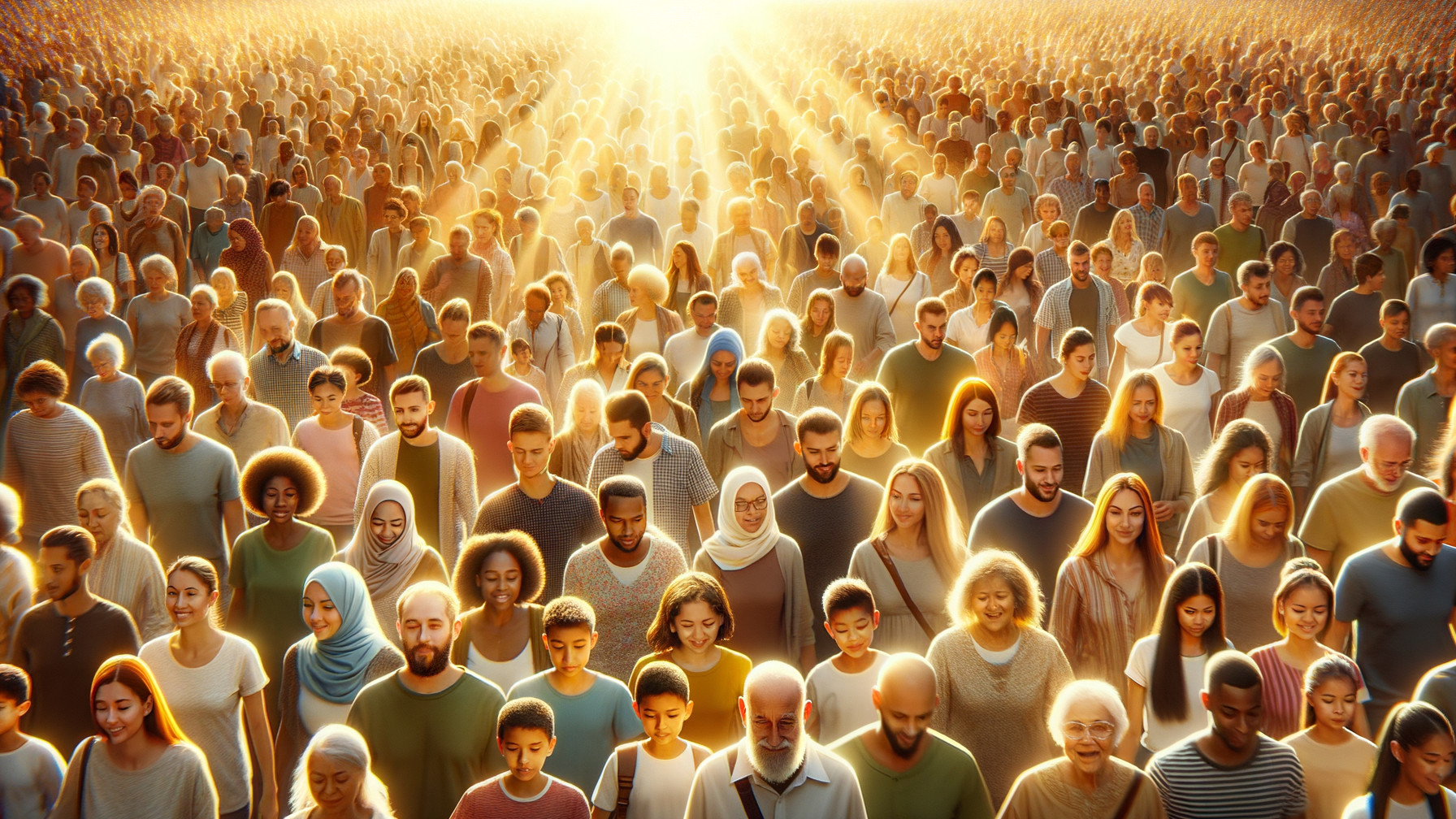 Diverse Crowd Moving Towards a Bright Golden Light