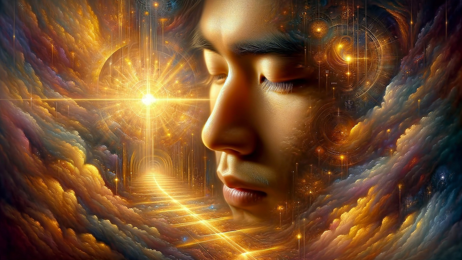 Serene Face Against Vibrant Cosmic Backdrop