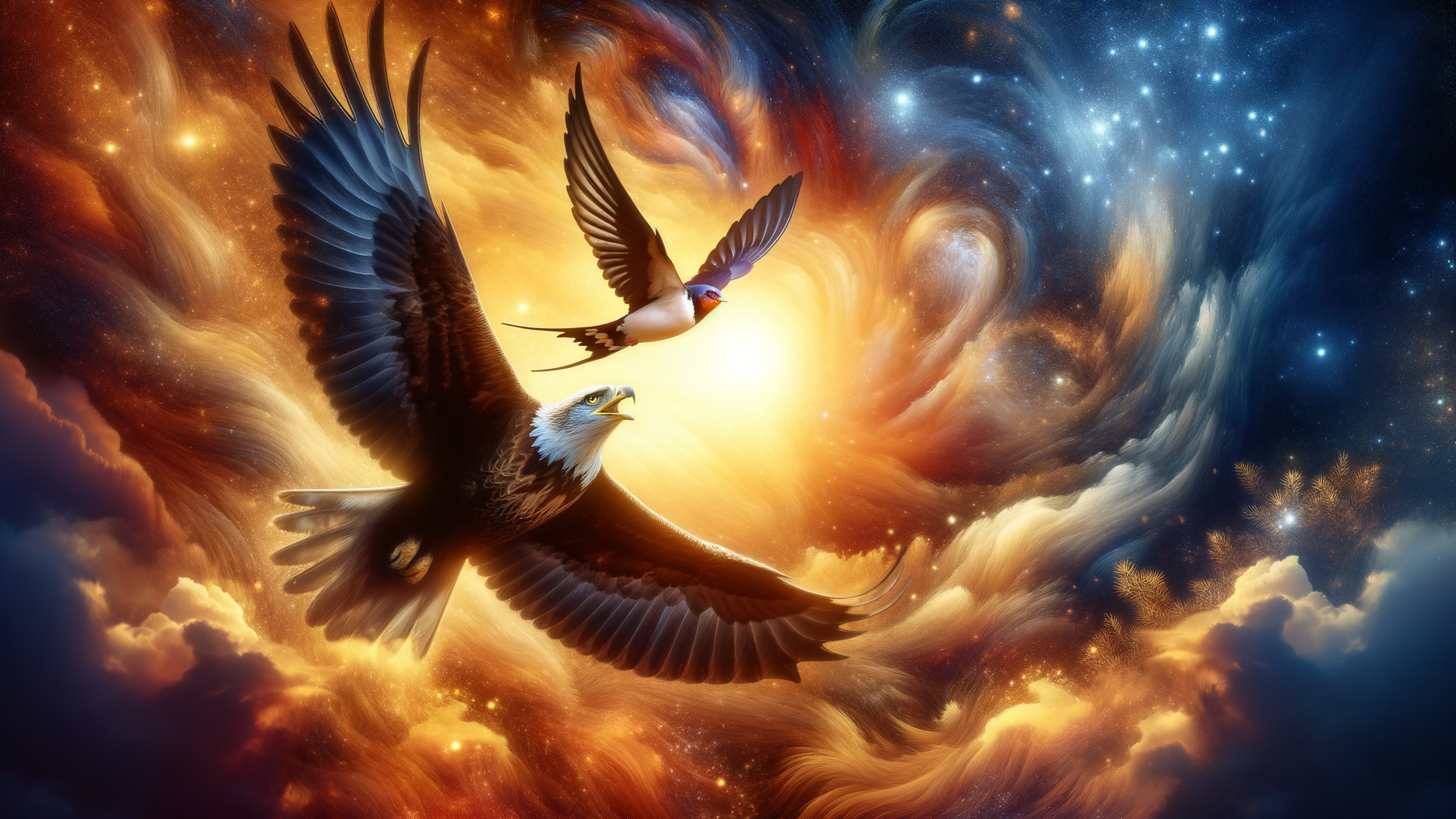 Eagle and Swallow in a Vibrant Cosmic Scene