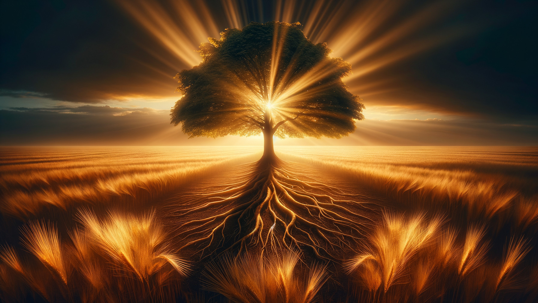 Majestic tree in golden wheat field under sunlight