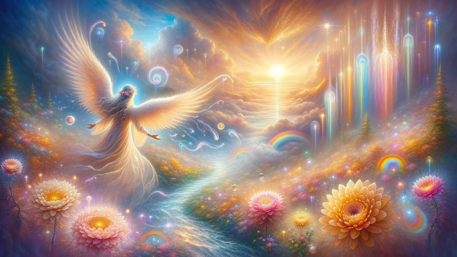 Serene angel in a vibrant dreamlike landscape