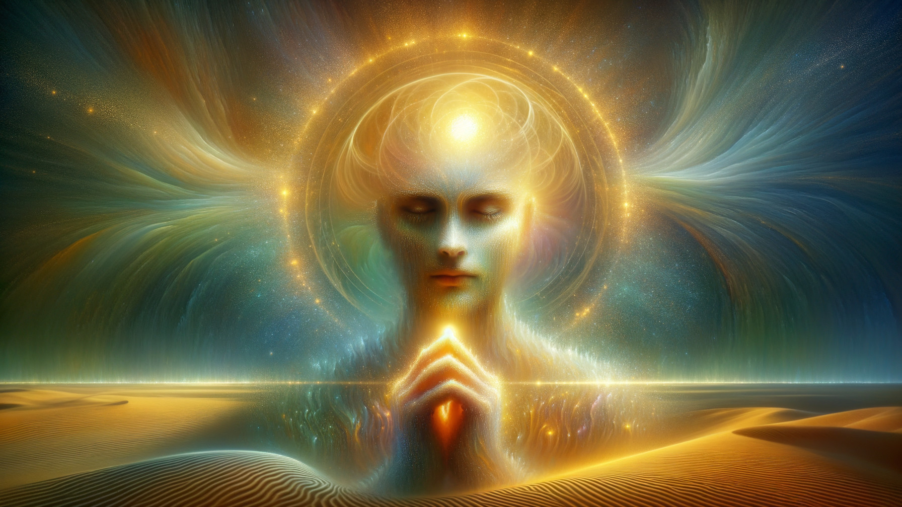 Ethereal Figure in Golden Desert with Cosmic Energies