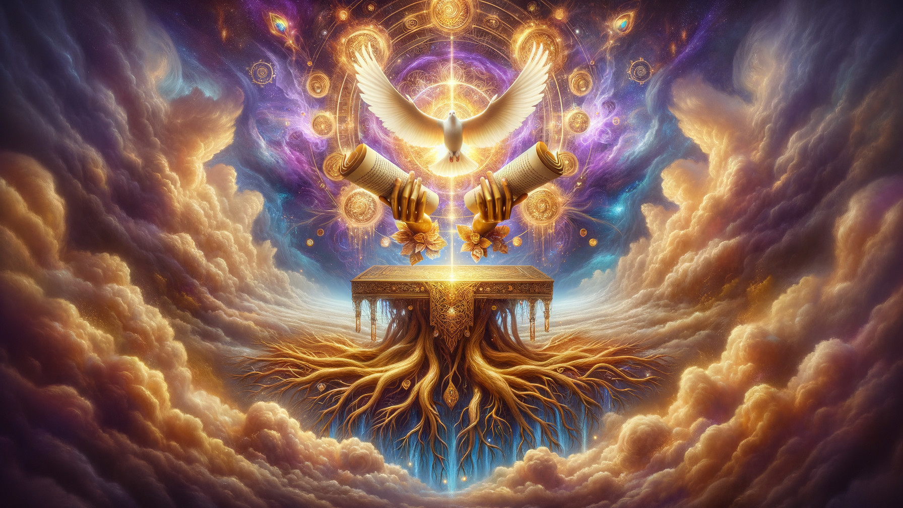 Majestic Dove Above Golden Pedestal in Cosmic Scene