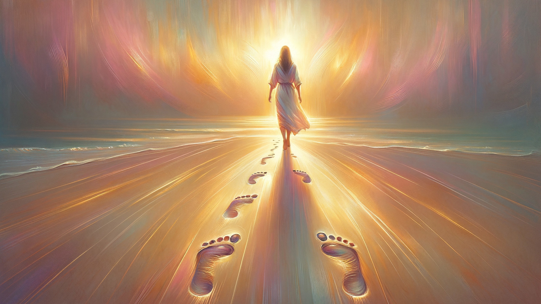 Serene beach scene at sunset with footprints in sand