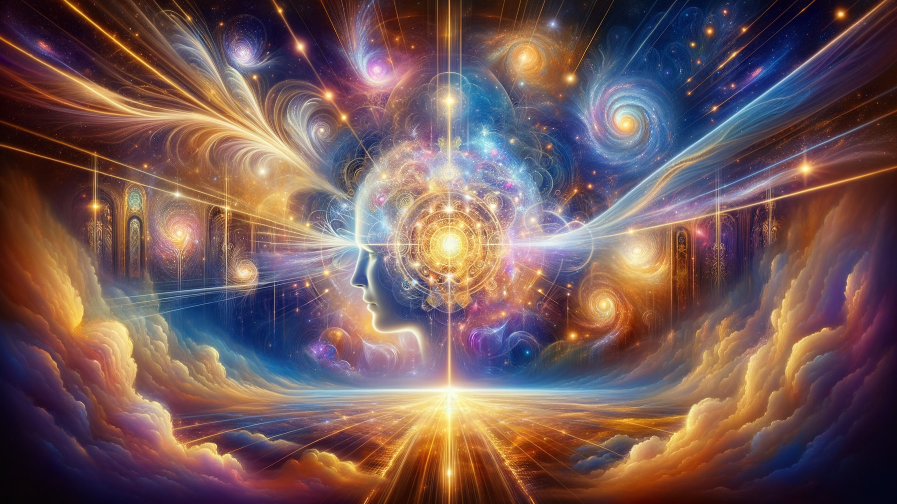 Cosmic Landscape with Silhouetted Human Profile