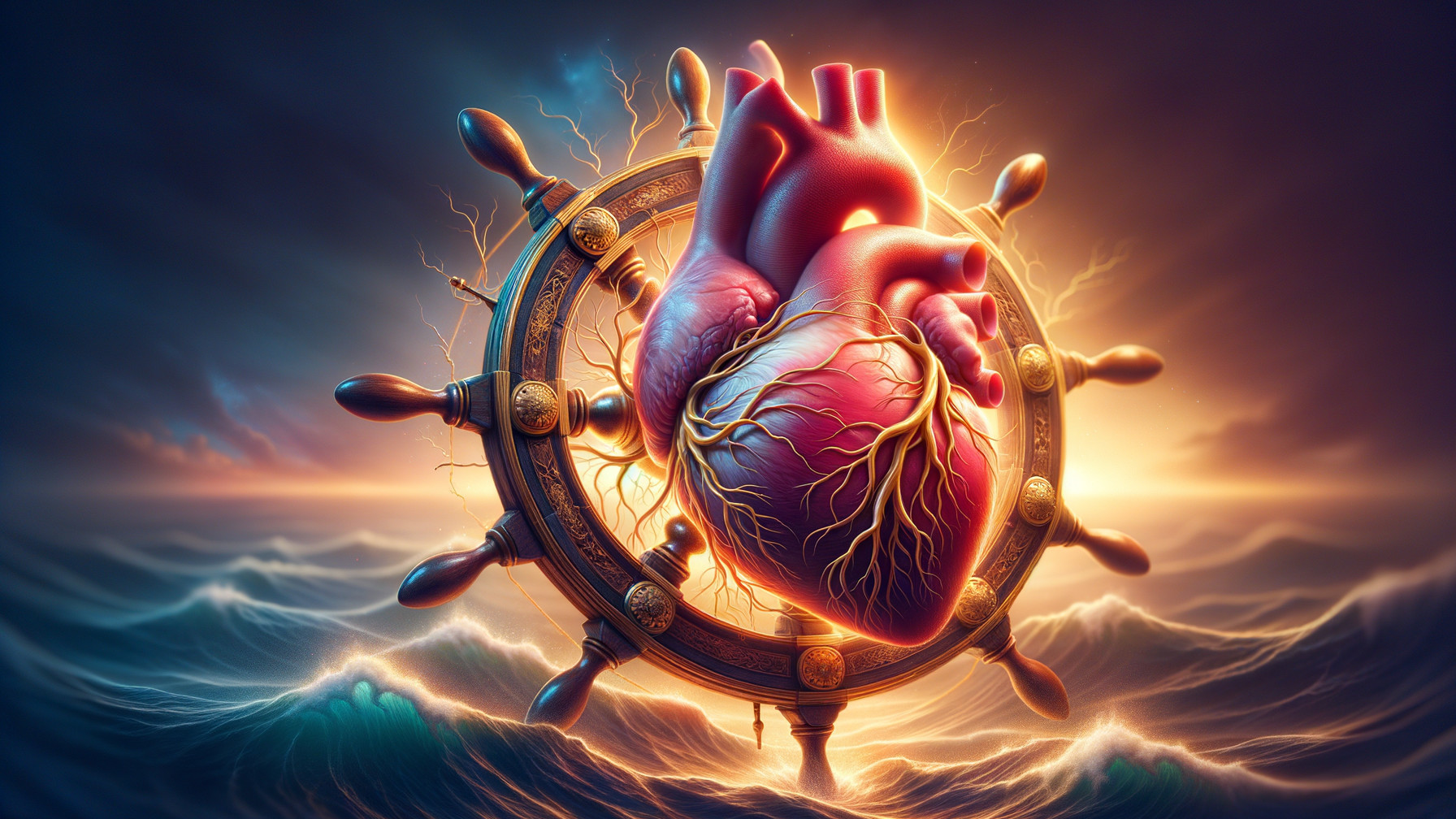 Vibrant Heart at Ship's Wheel Amidst Ocean Waves