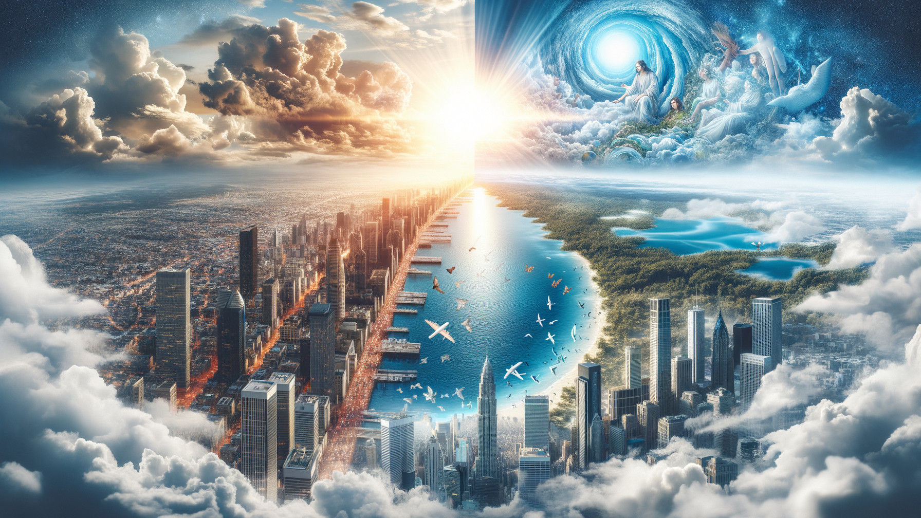 Split-Scene Landscape of City and Ethereal Realm