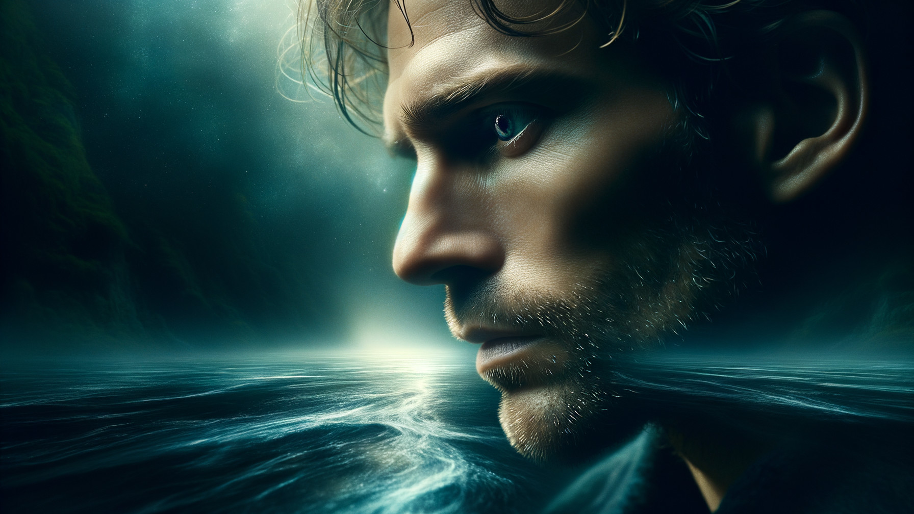 Surreal Close-Up of a Man's Face and Tranquil Sea