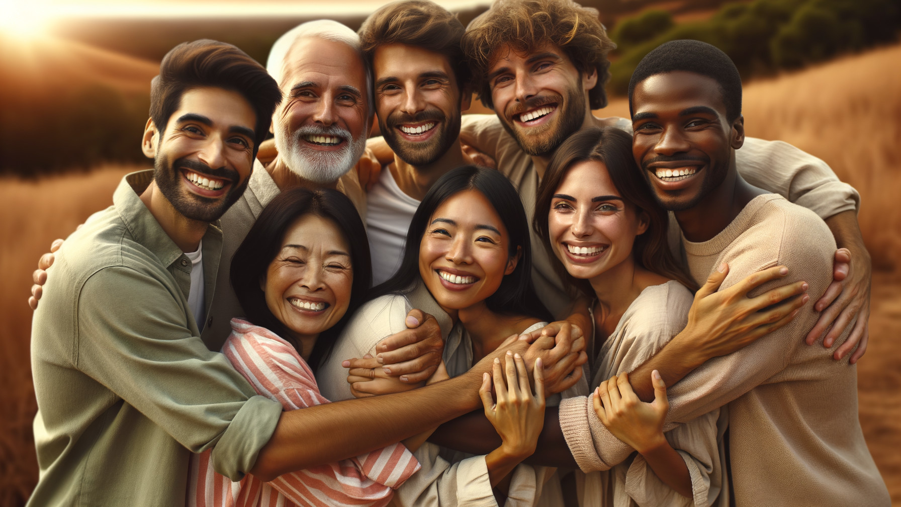 Group of Eight in Sunlit Outdoor Setting