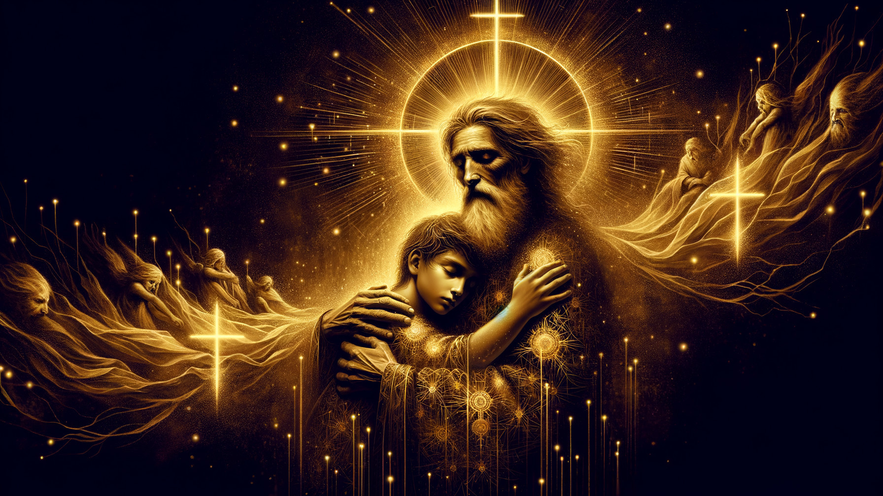 Divine Figure Embracing Child in Radiant Light