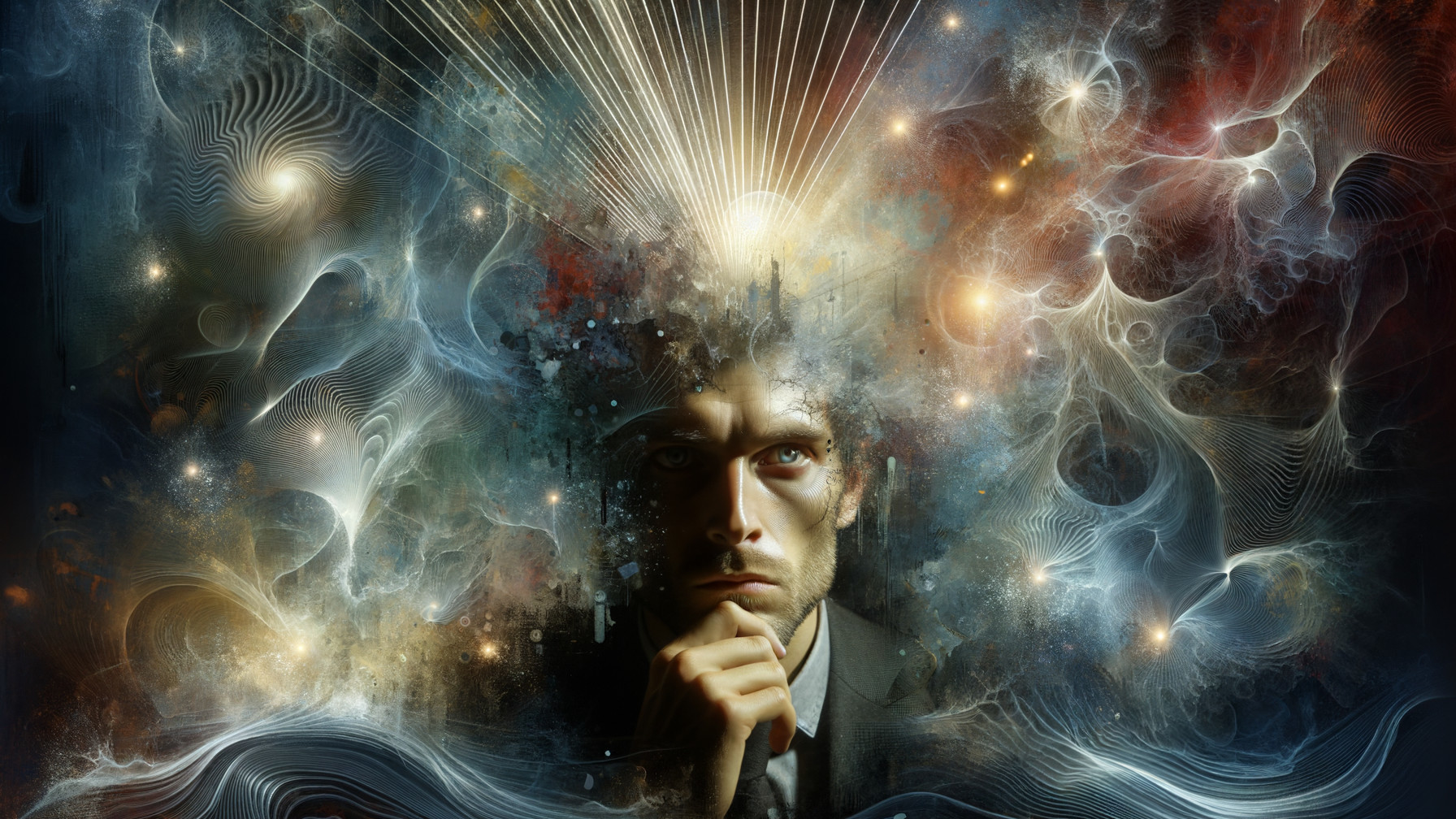 Contemplative Man in Suit Surrounded by Vibrant Colors