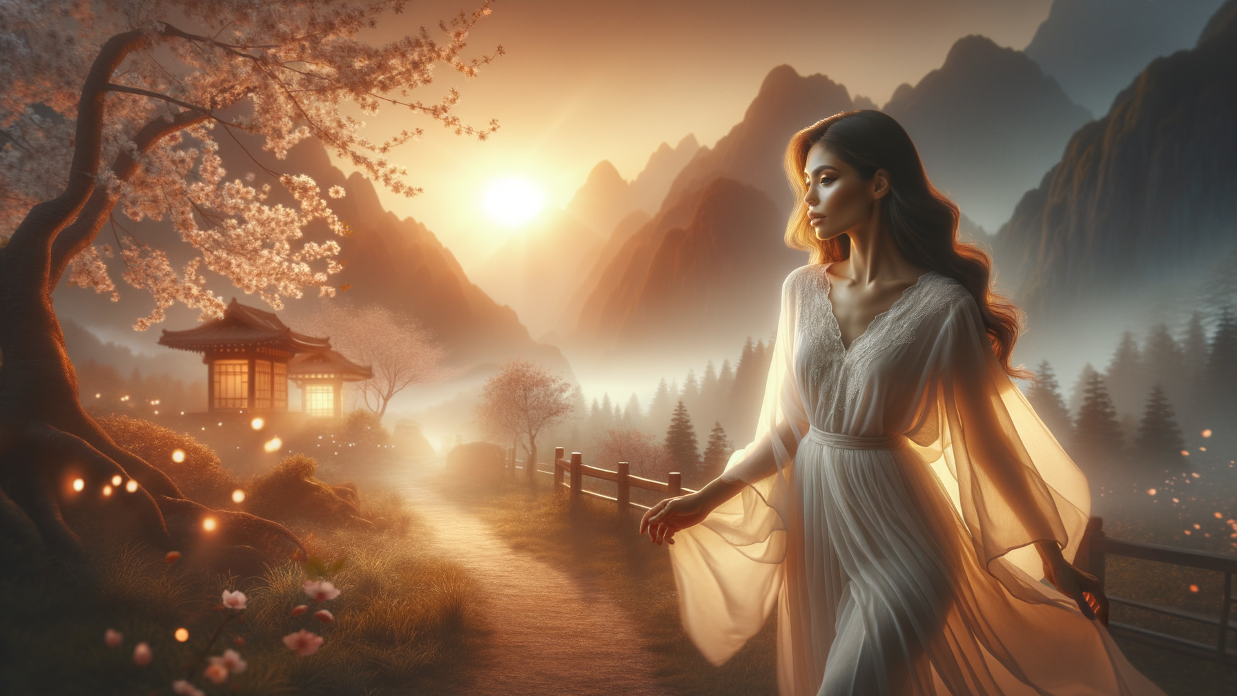 Serene Dawn Landscape with Woman by Tranquil River