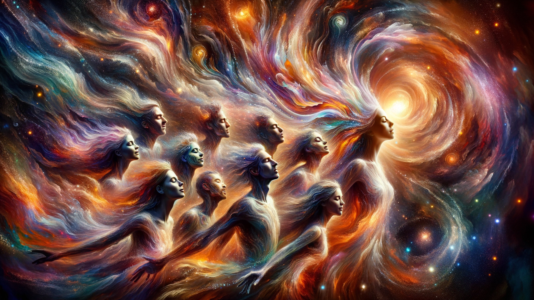 Cosmic Scene with Ethereal Figures and Galaxy Swirls