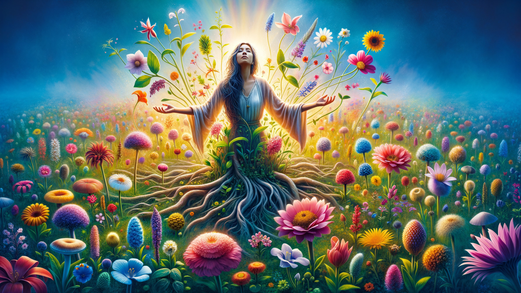 Serene figure in a vibrant flower-filled field