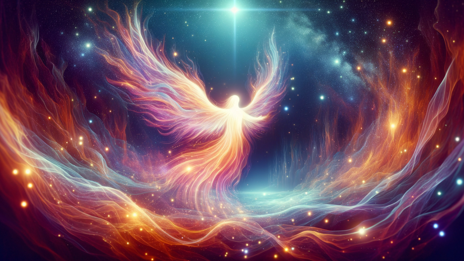 Ethereal Figure with Luminous Wings in Cosmic Scene