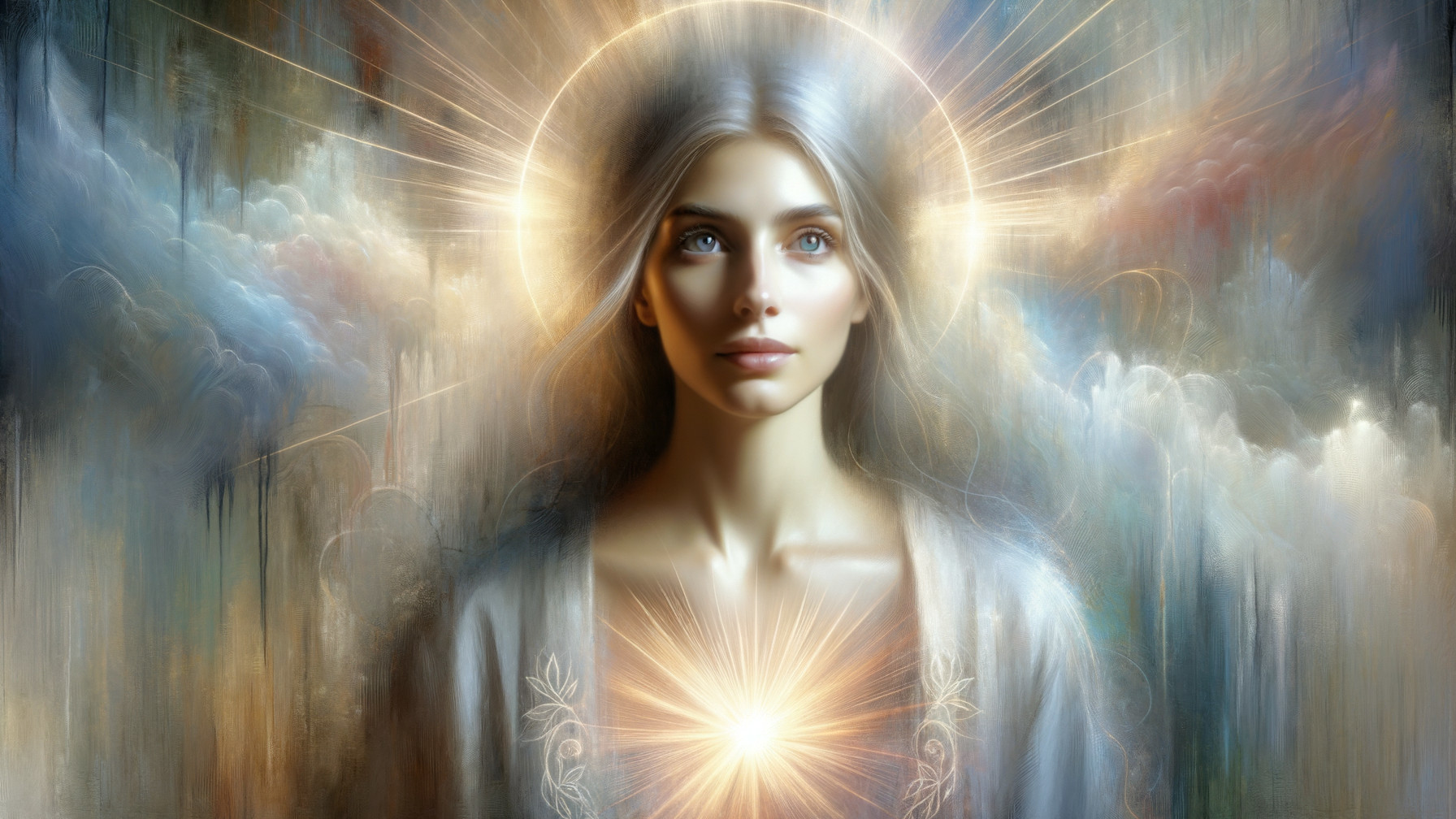 Ethereal Woman with Halo in Serene Cloudscape