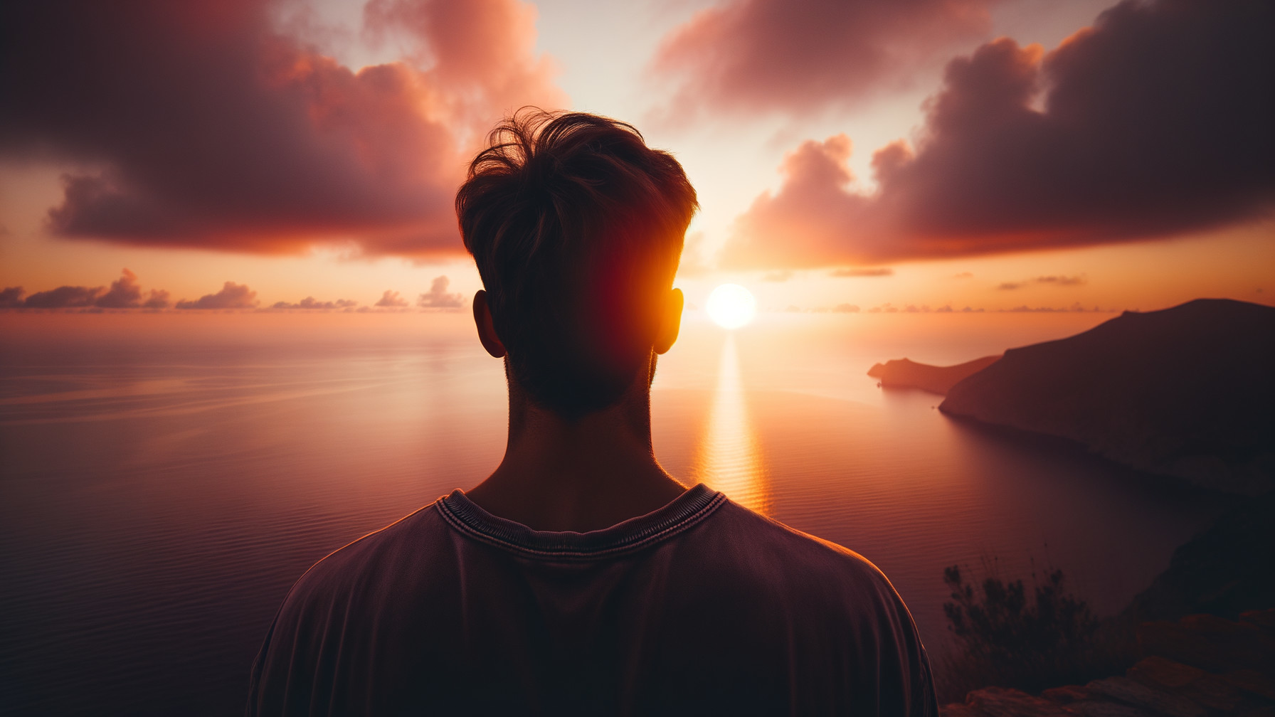 Silhouette at Cliff Overlooking Sunset Sea Scene