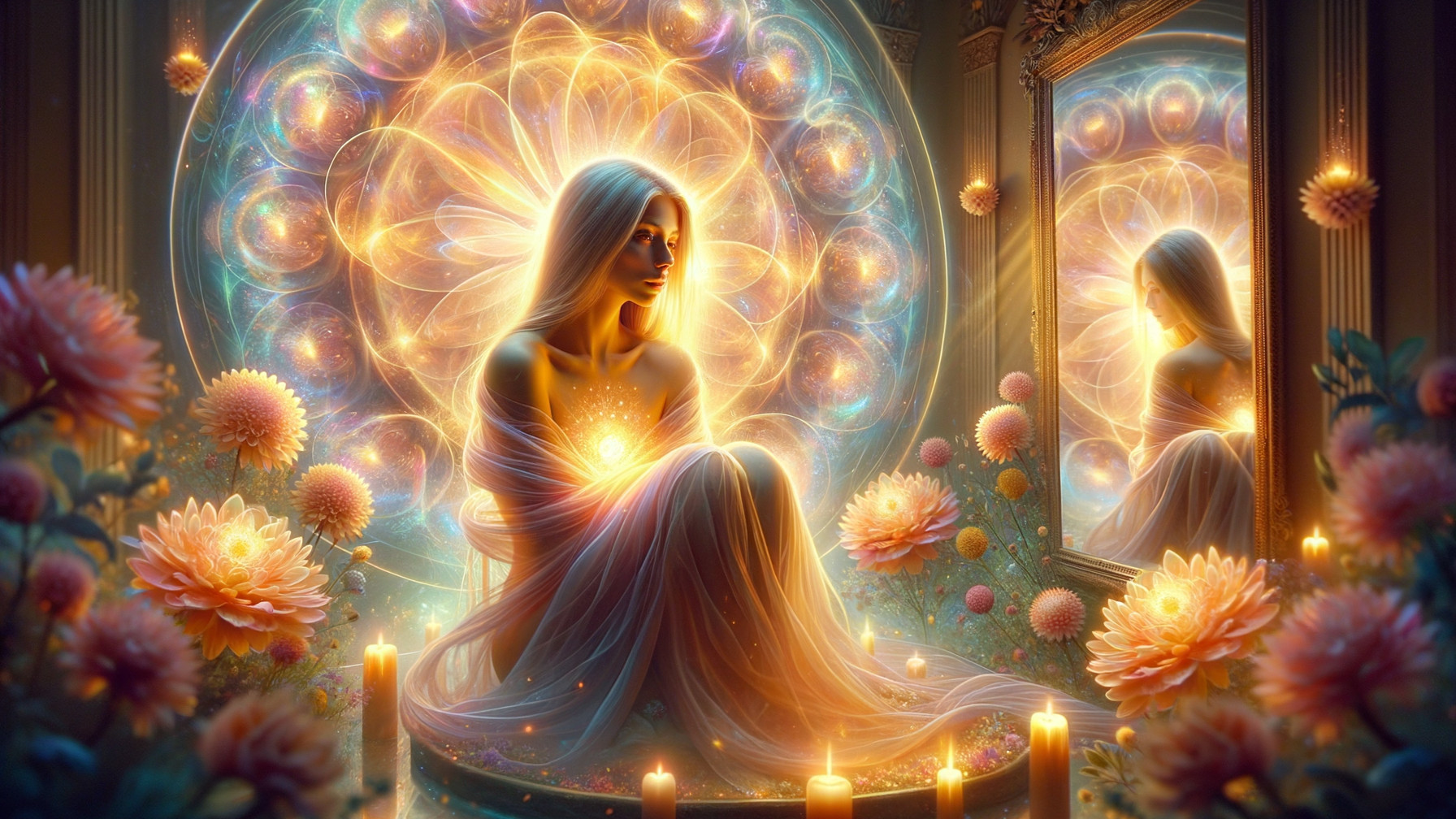 Serene figure in vibrant, ethereal floral setting
