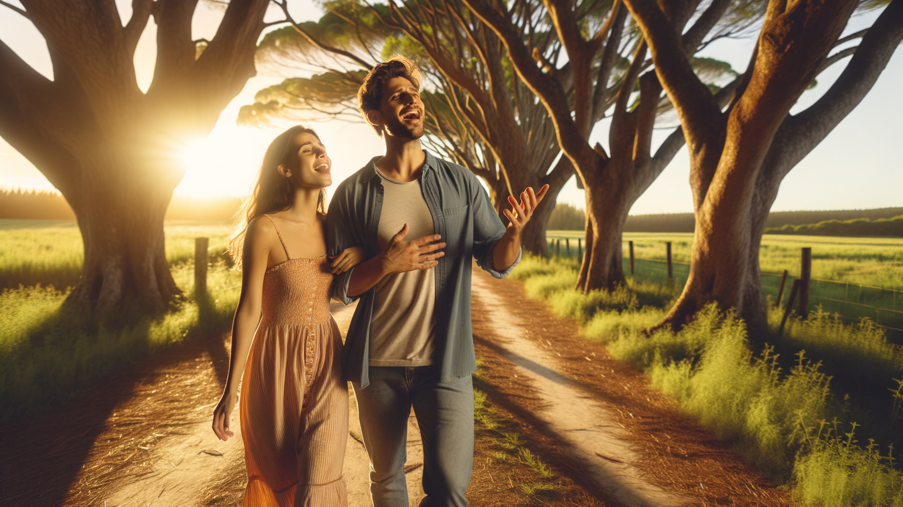 Couple Walking Hand in Hand at Sunset on Scenic Path