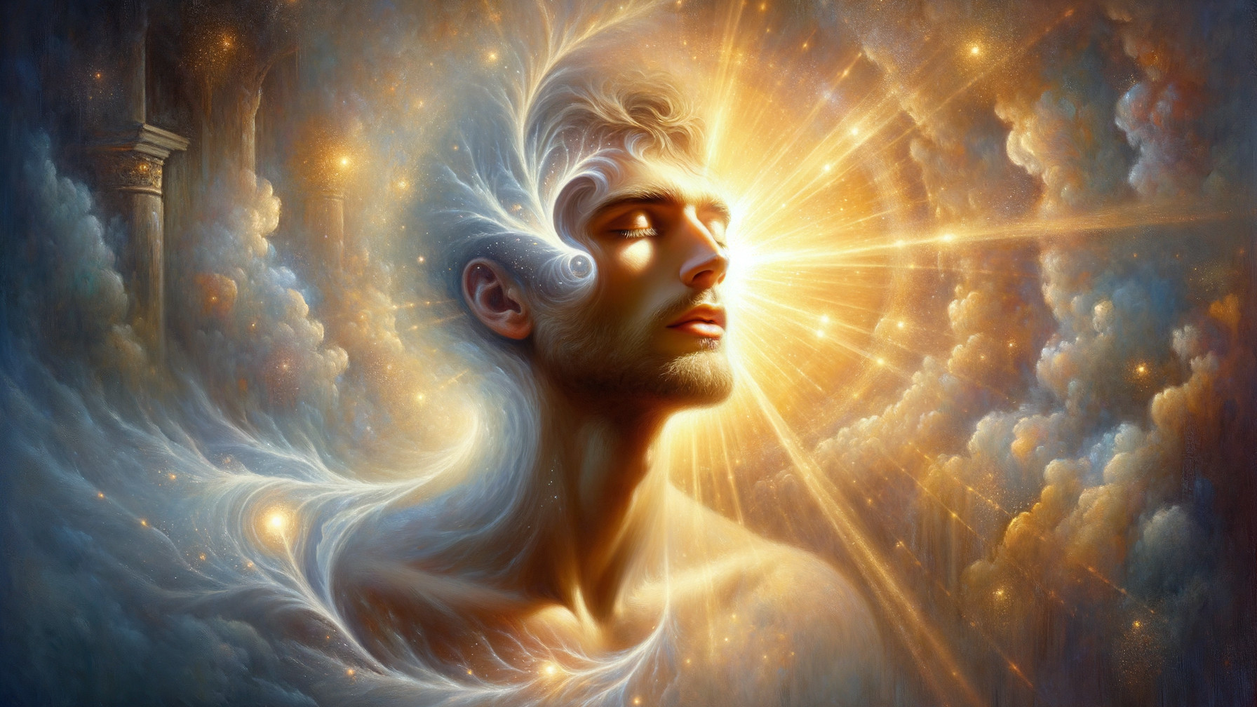 Contemplative Figure in Ethereal Cloud Background