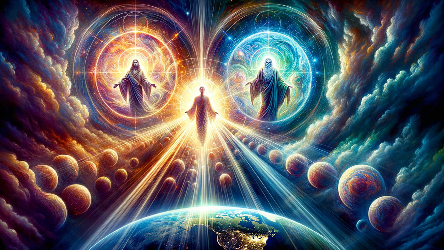 Cosmic Scene with Ethereal Figures and Galaxies