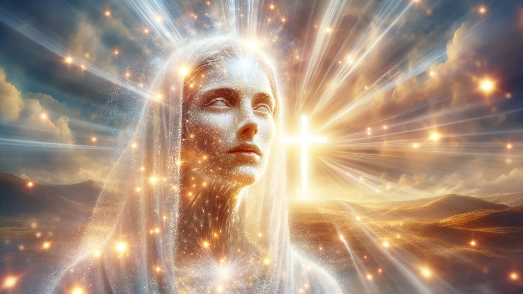 Ethereal Figure with Radiant Light and Cross Background