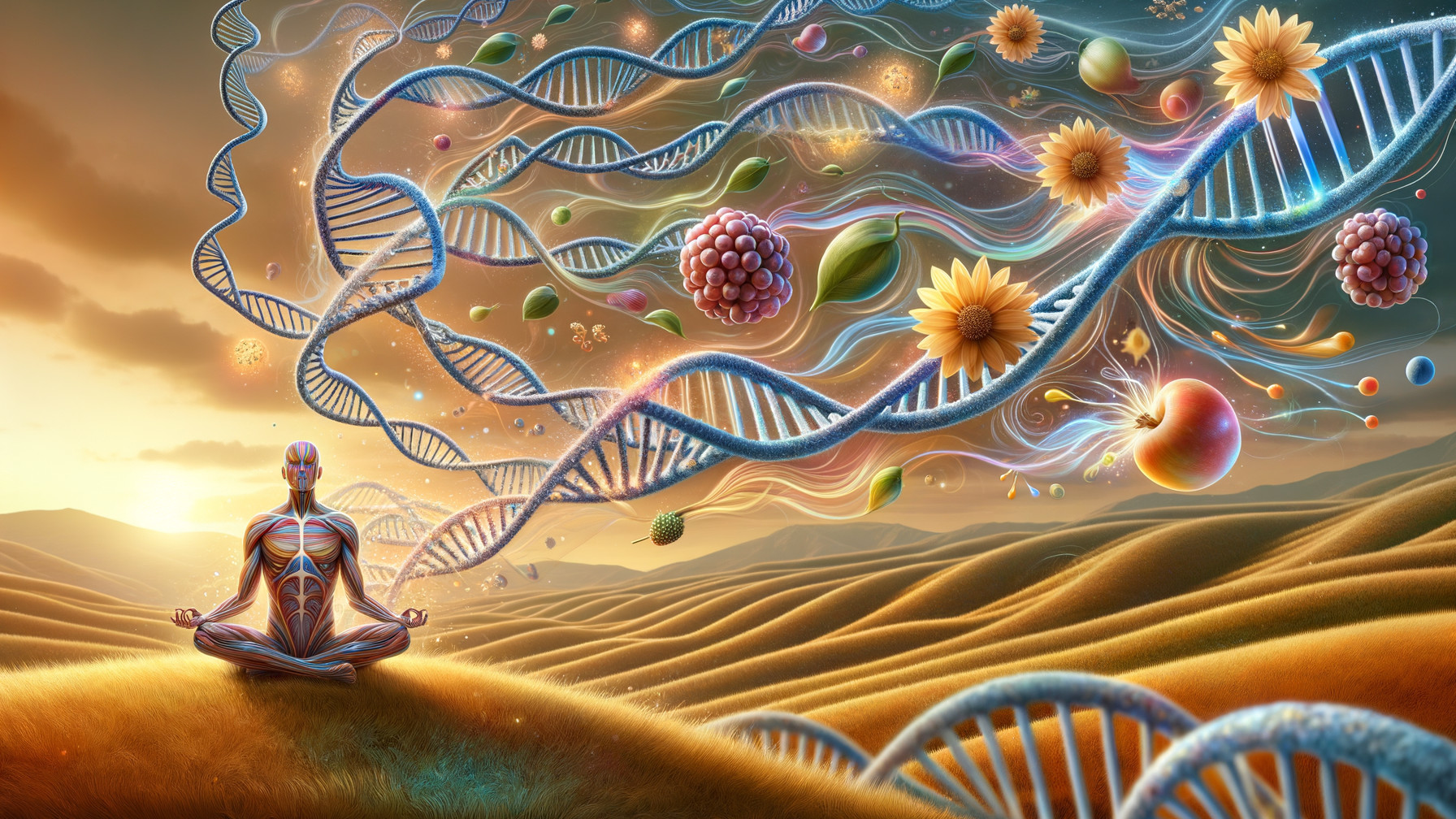 Surreal Landscape with Meditative Figure and DNA Elements