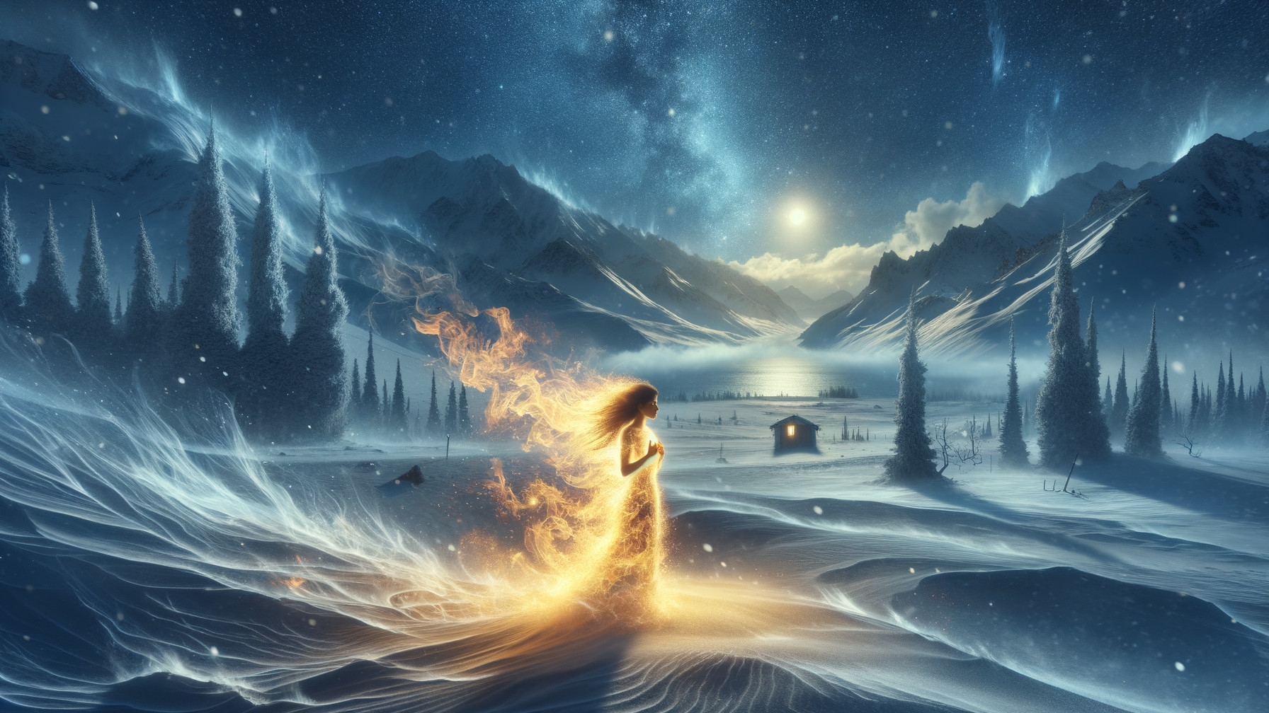 Mystical Winter Landscape with Fire and Ice Elements