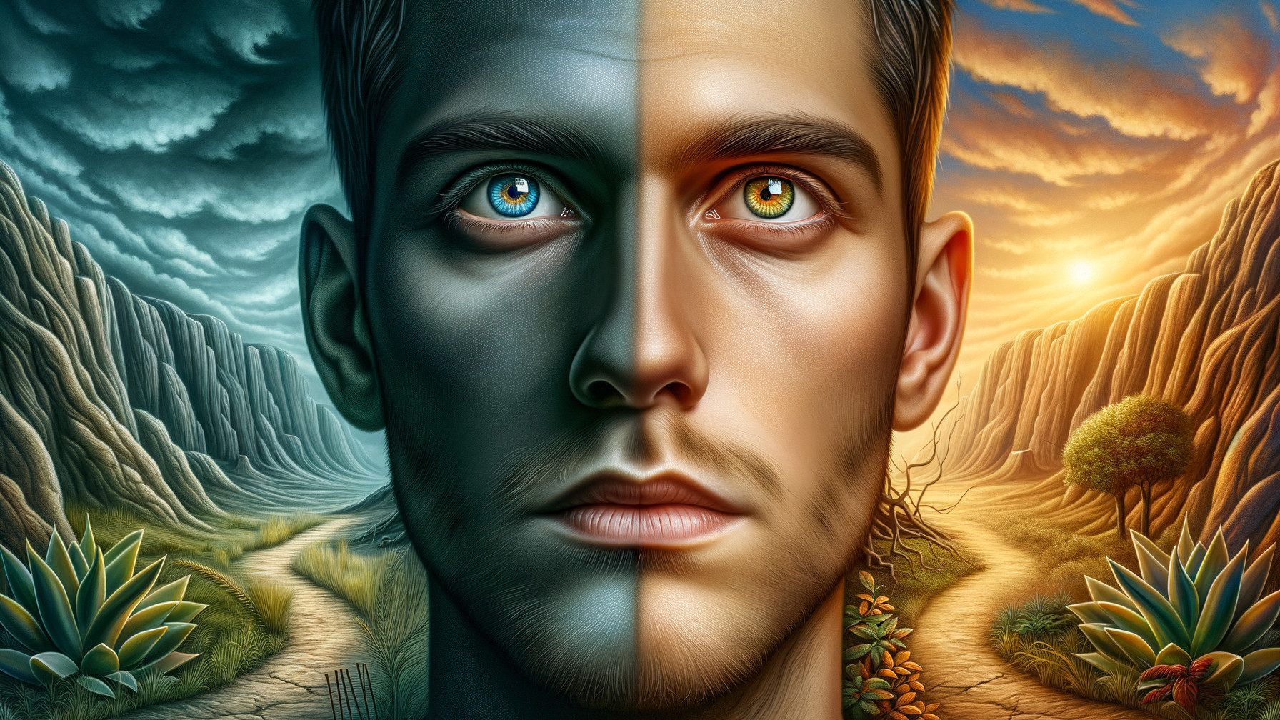 Split Portrait of Young Man Depicting Dual Emotions