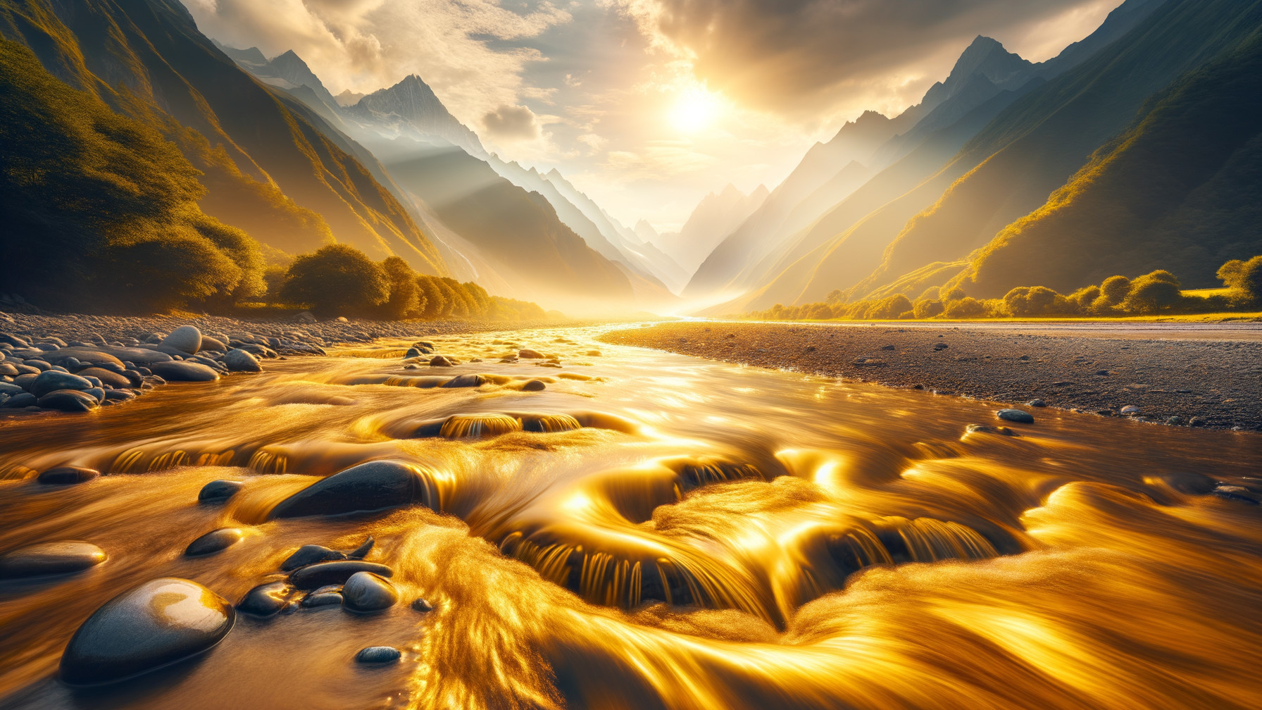 Winding River and Majestic Mountains at Sunset