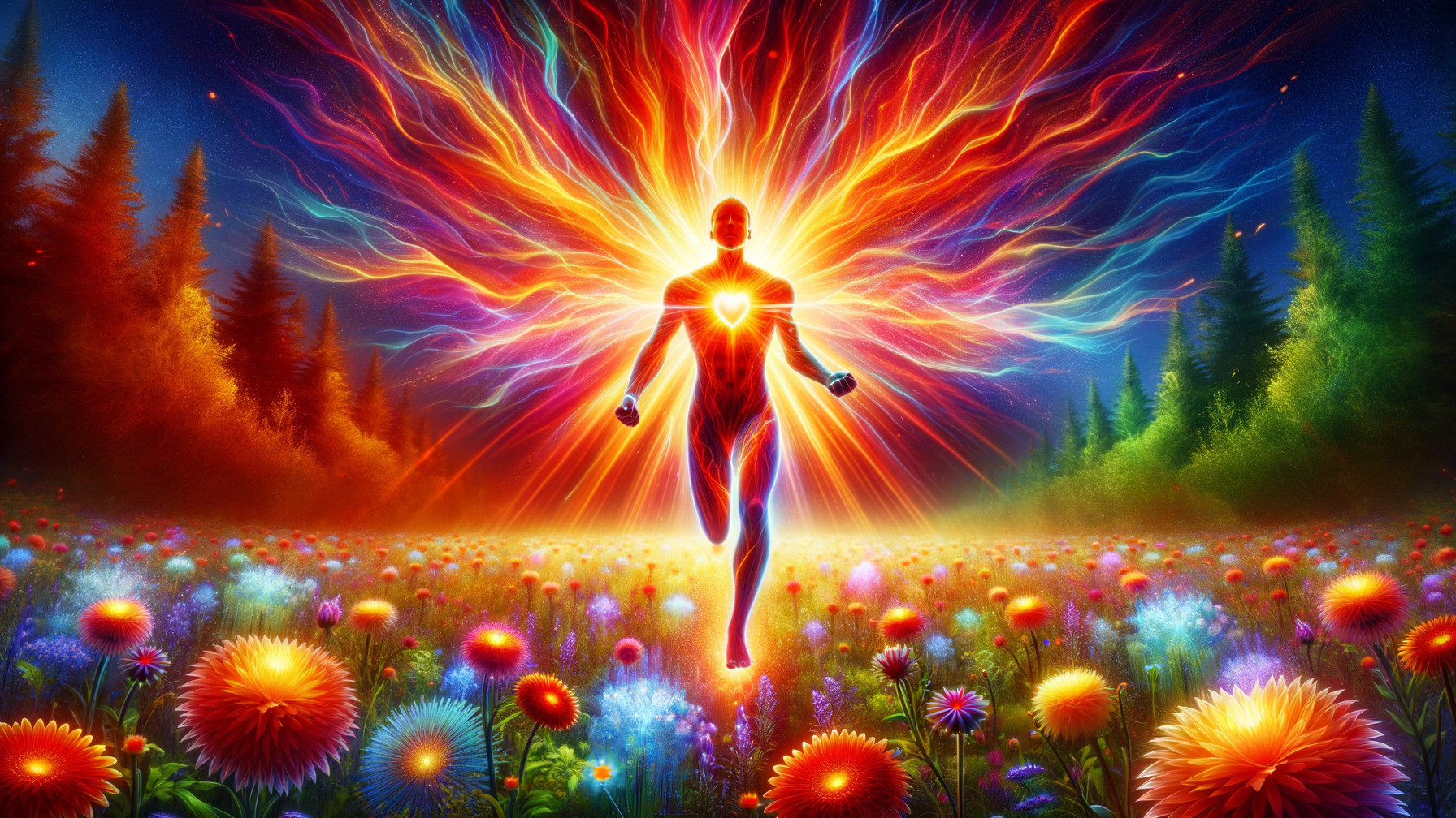 Vibrant Figure Surrounded by Colorful Flowers and Light