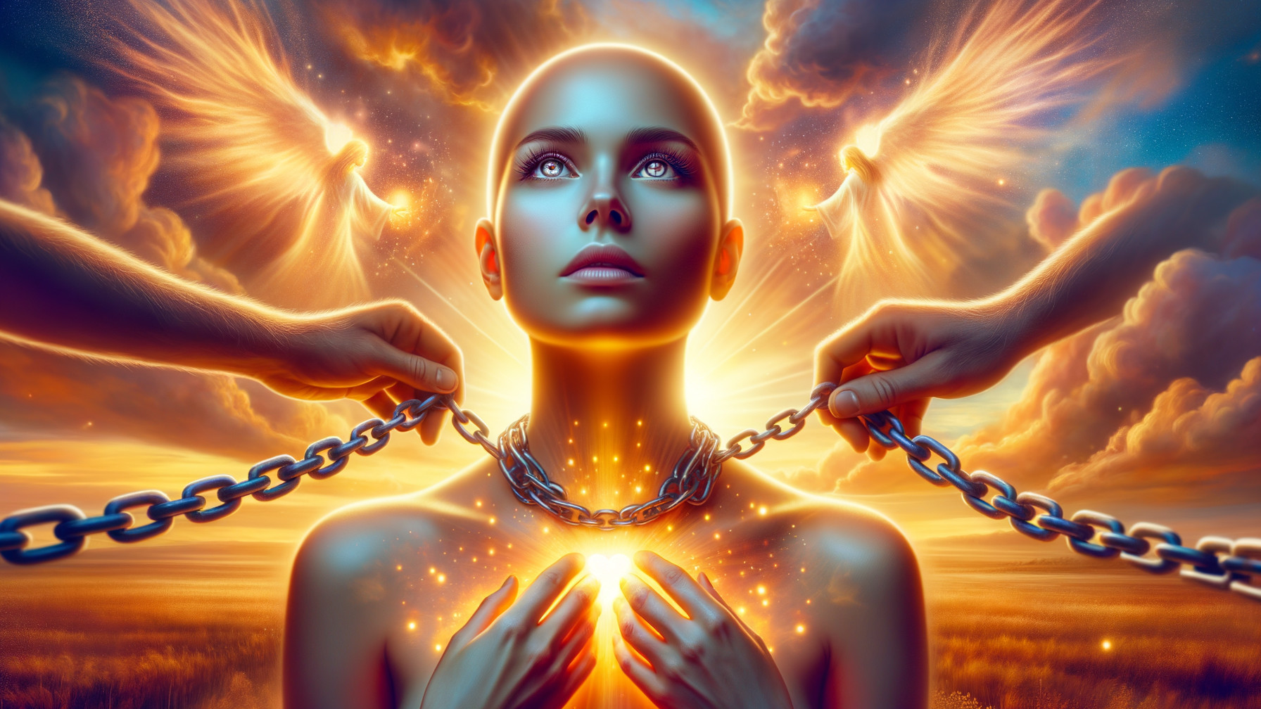 Bald Woman with Glowing Heart Under Sunset Scene