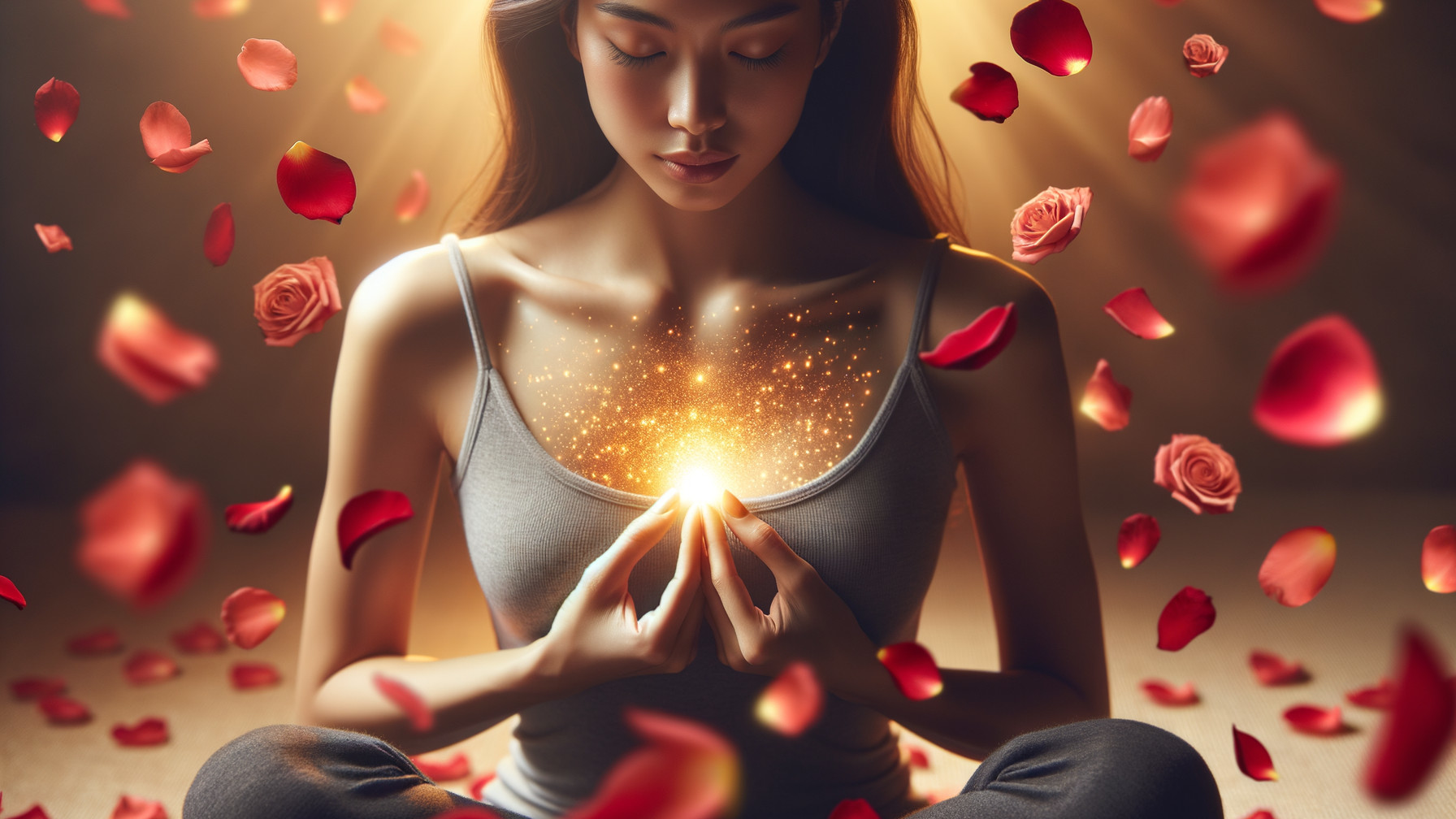 Serene Woman in Meditation with Glowing Orb and Petals