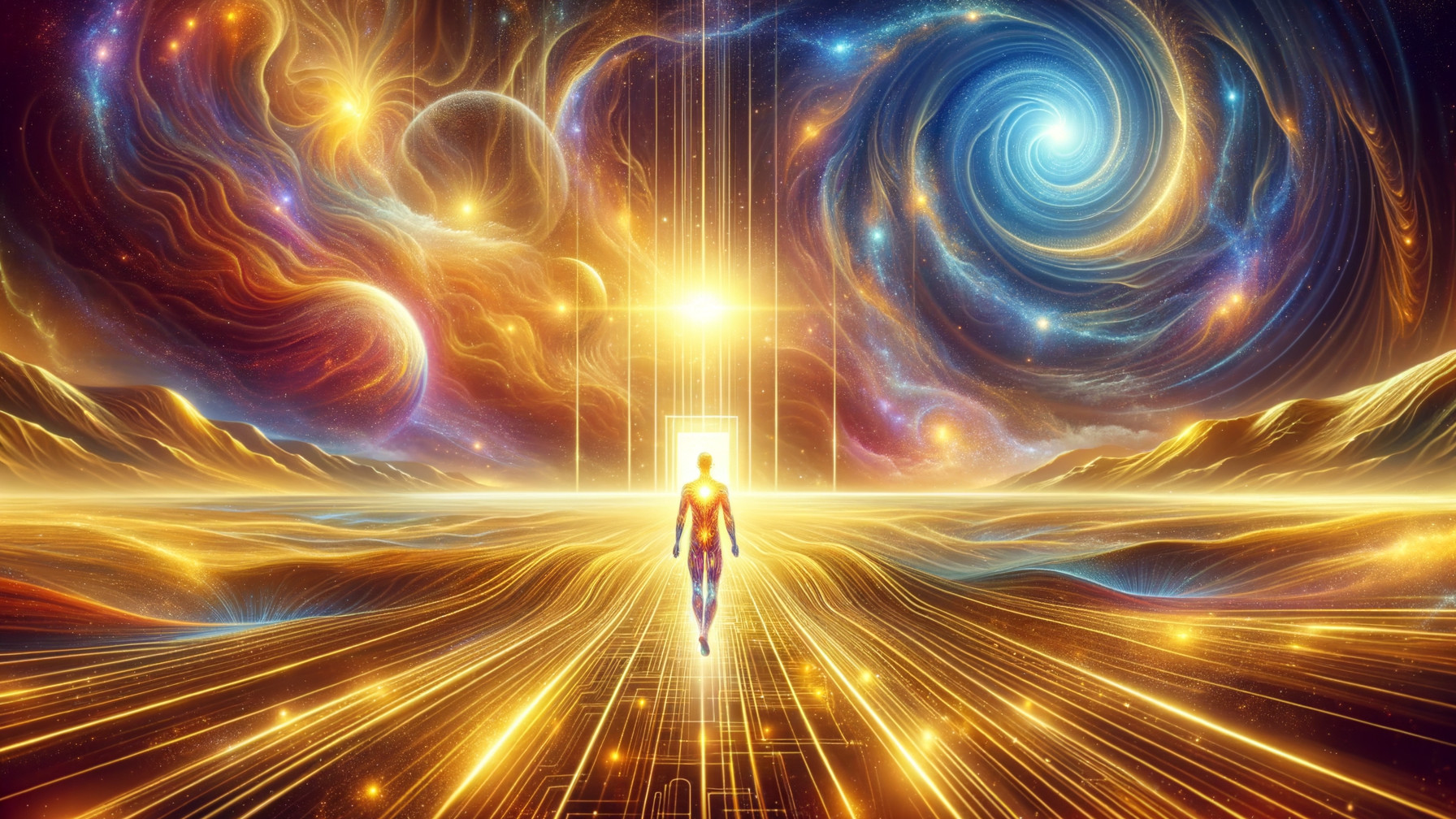 Figure on Glowing Path to Radiant Doorway in Cosmos