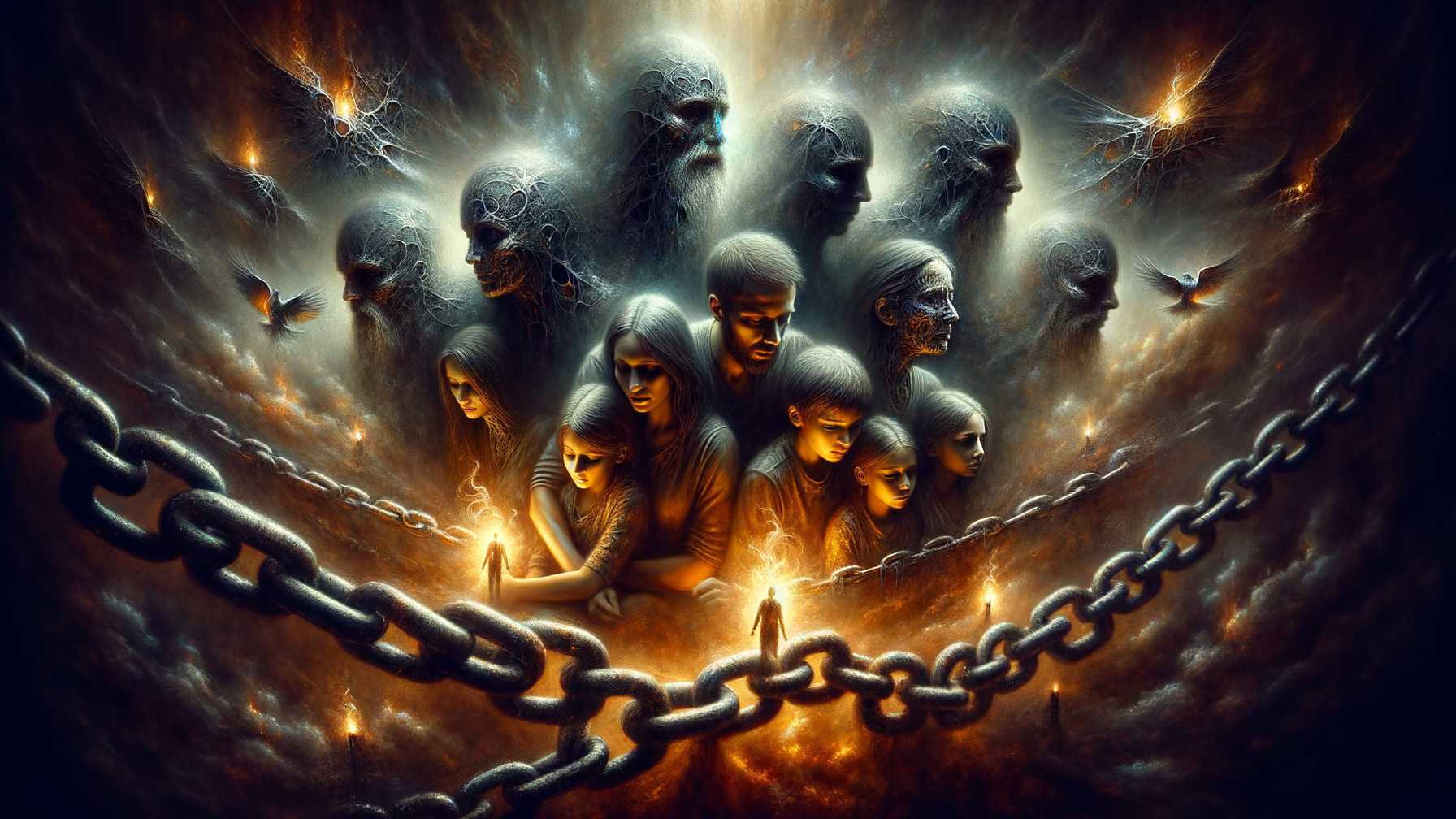 Surreal Scene of Ethereal Figures and Chains