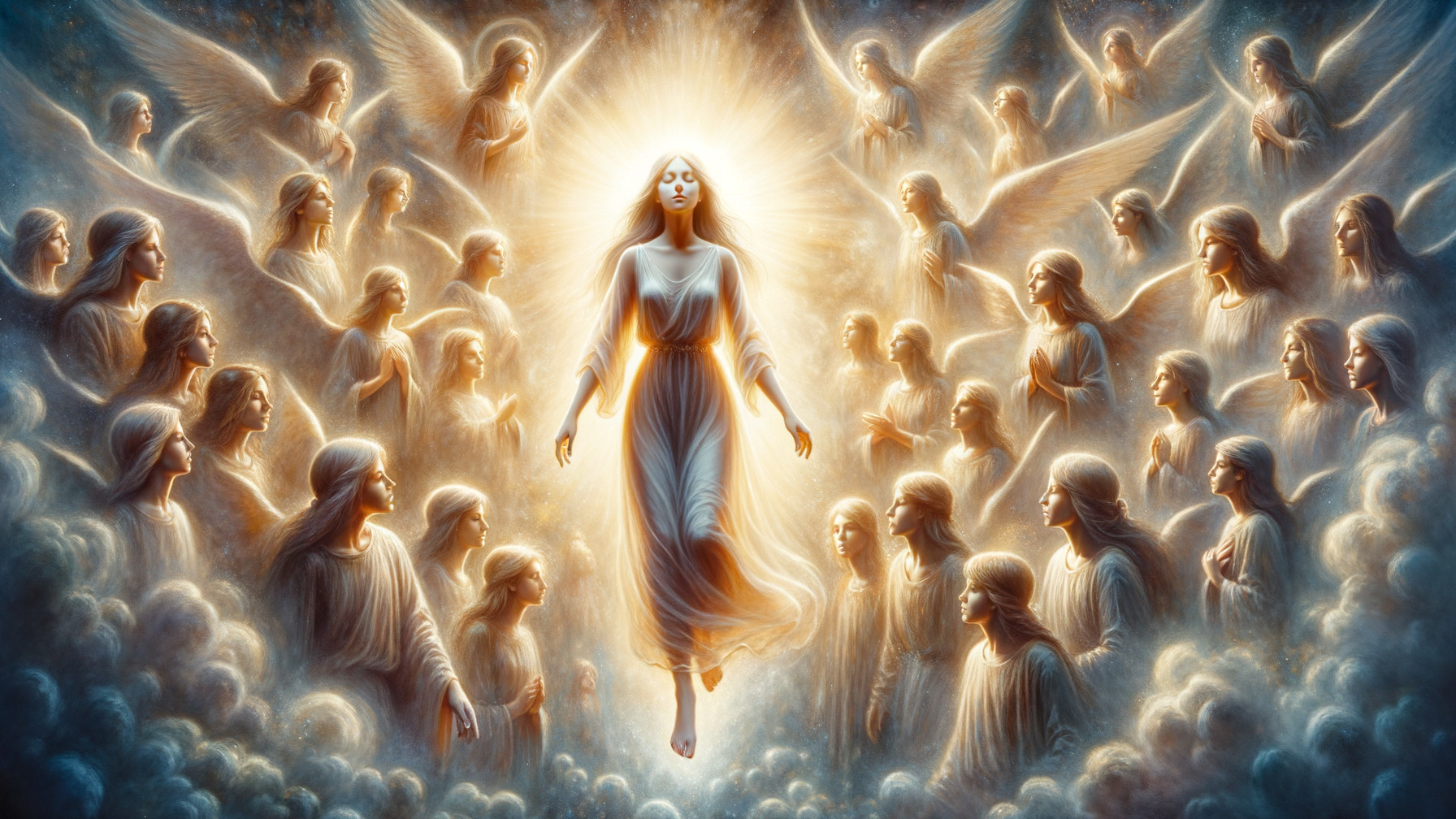 Luminous angels in flowing robes among blue-grey clouds