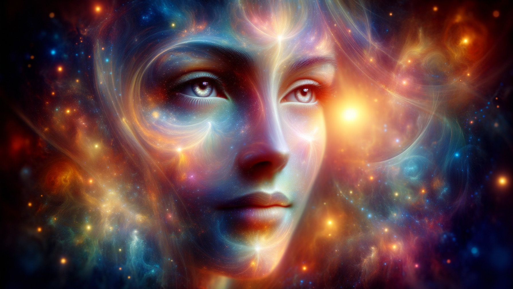 Ethereal Face Against a Cosmic Colorful Background