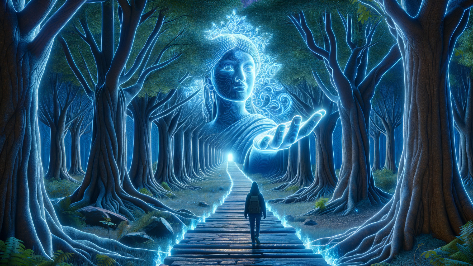Serene forest path with glowing goddess figure