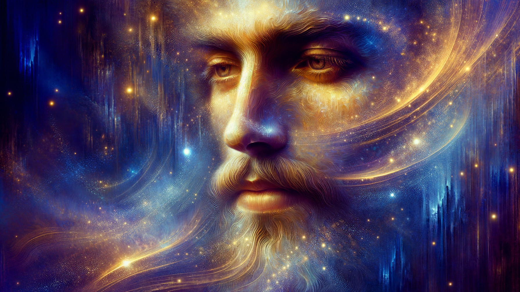 Cosmic Portrait of a Serene Male Face with Colors