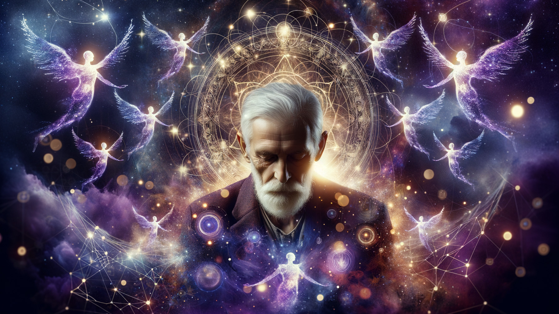 Elderly Man in Cosmic Scene with Celestial Beings
