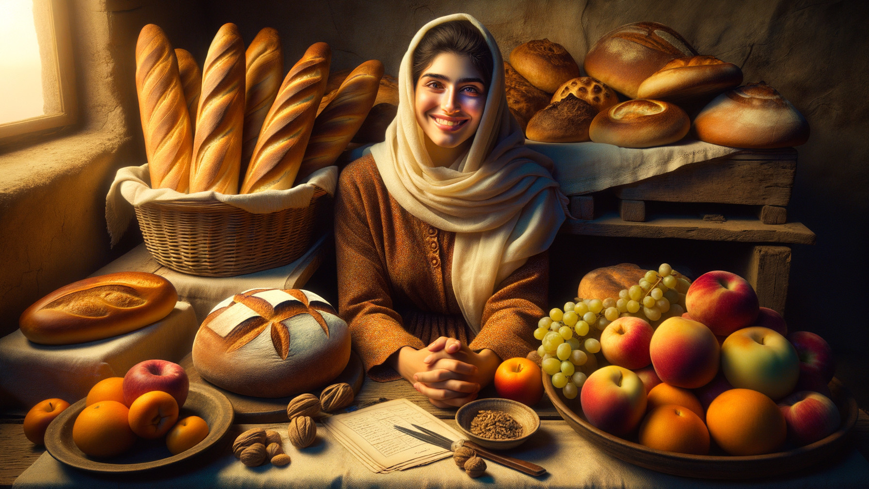 Cozy Market Scene with Baked Goods and Fresh Produce